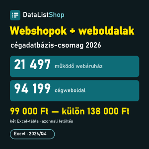 Magyar webshopok és weboldalak cégadatbázis-csomag 2026 — 21 497 webáruház és 94 199 cégweboldal